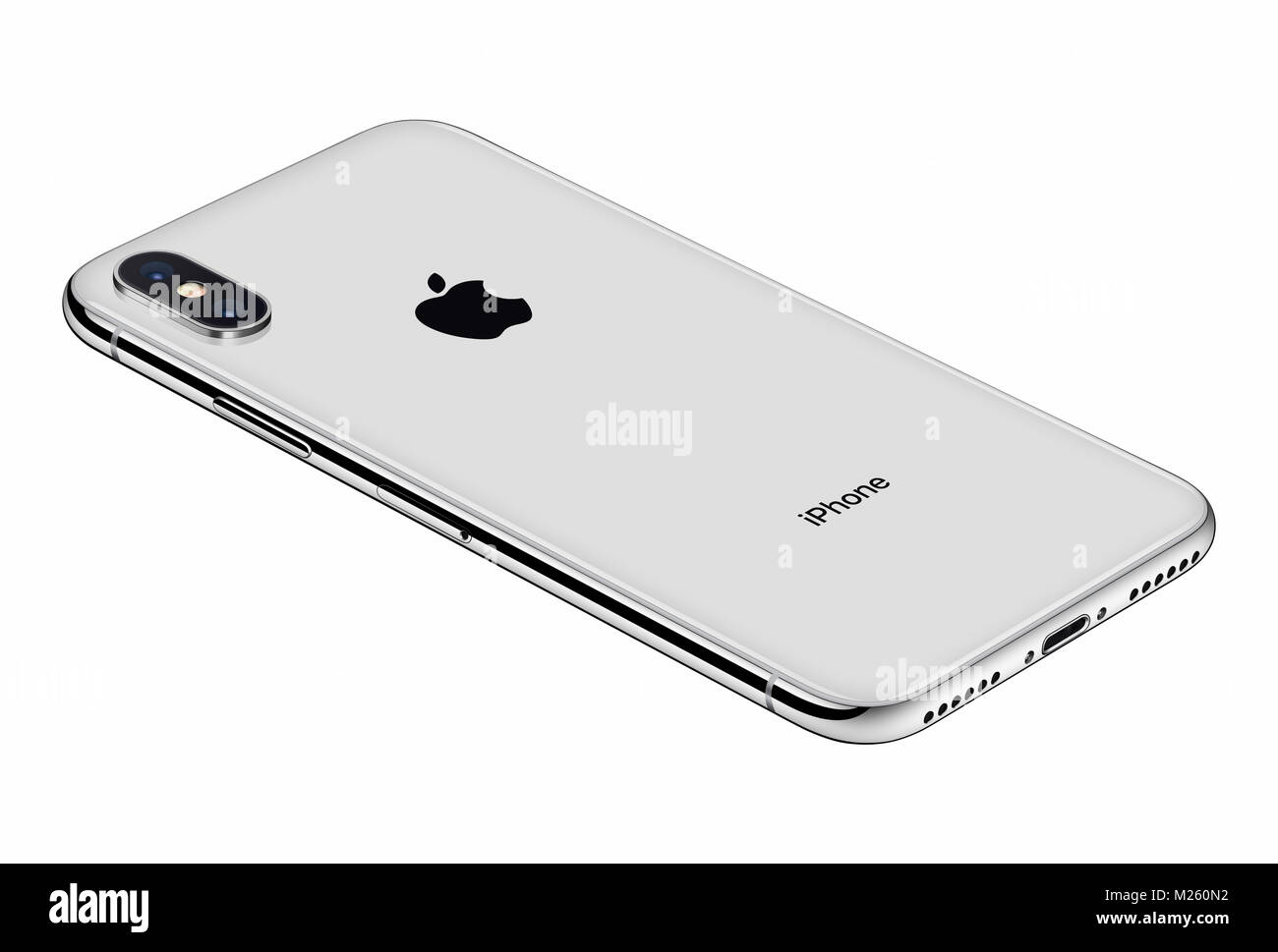 Perspektivische Ansicht Silber Apple iPhone X Rückseite auf weißem Hintergrund. iPhone 10 ist das neueste Smartphone von Apple Inc mit rahmenlosen Design. Stockfoto