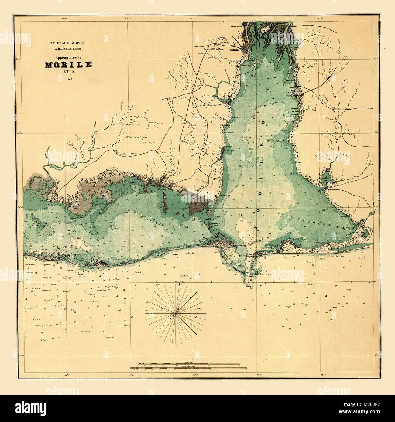 Historische Karte von Mobile, Alabama, circa 1864. Stockfoto