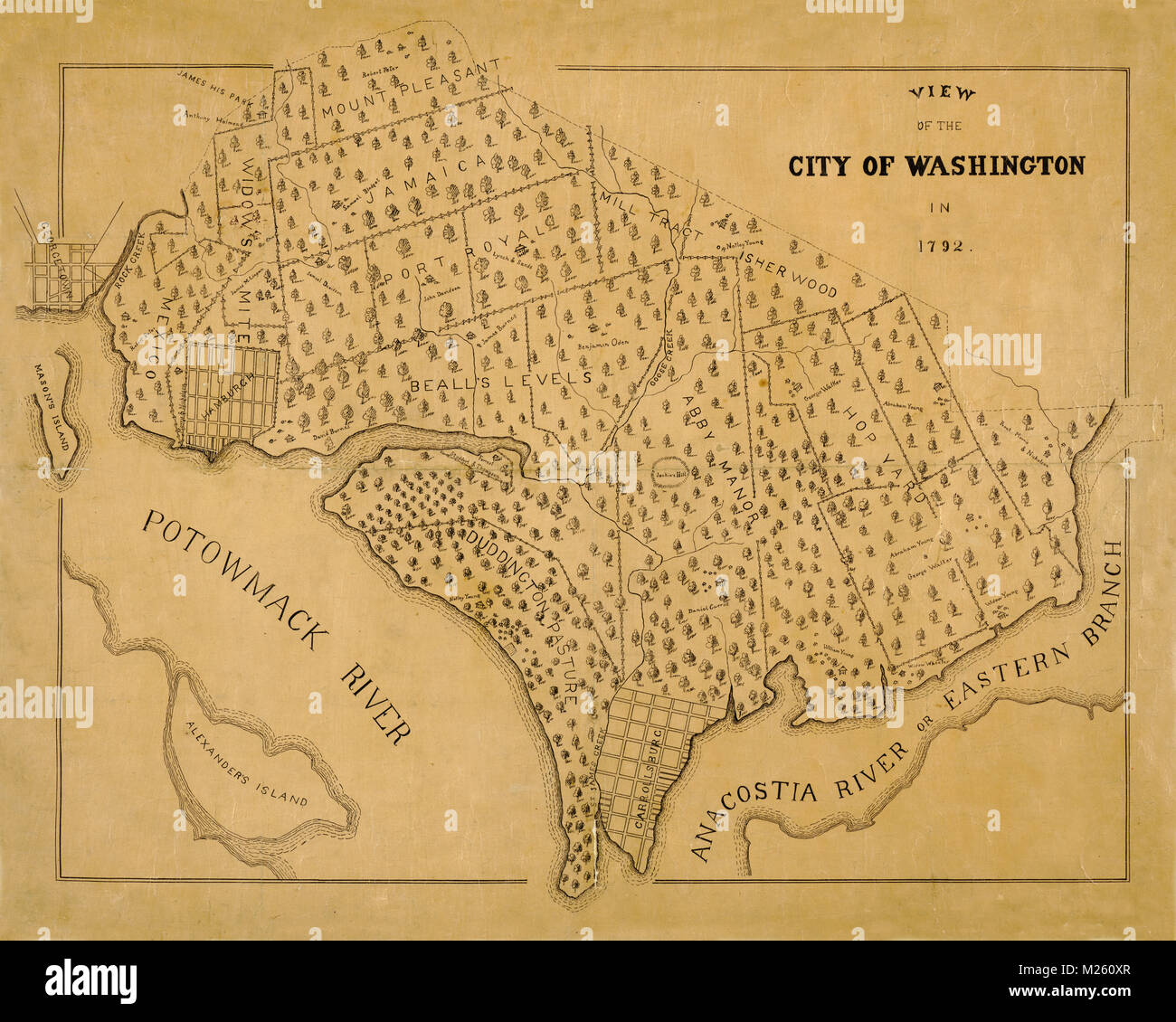 Historische Karte von Washington, D.C. ca. 1792, Grundbesitzer und Land Zuschüsse in den 1660er Jahren. Stockfoto