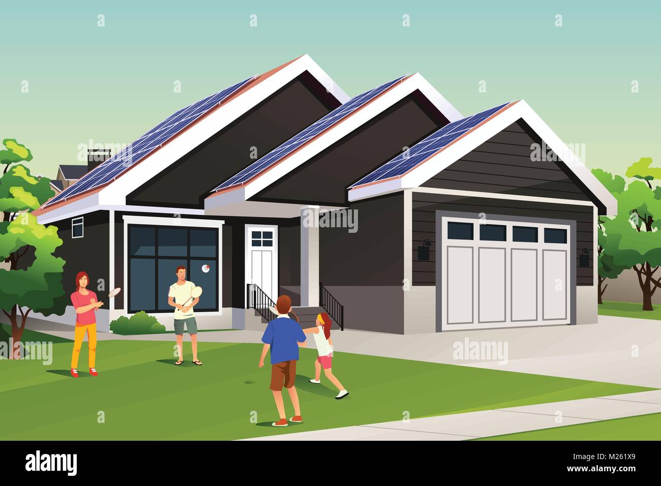 Ein Vektor Illustration der Familie Spielen außerhalb Ihres Hauses mit Solar Dach Stock Vektor