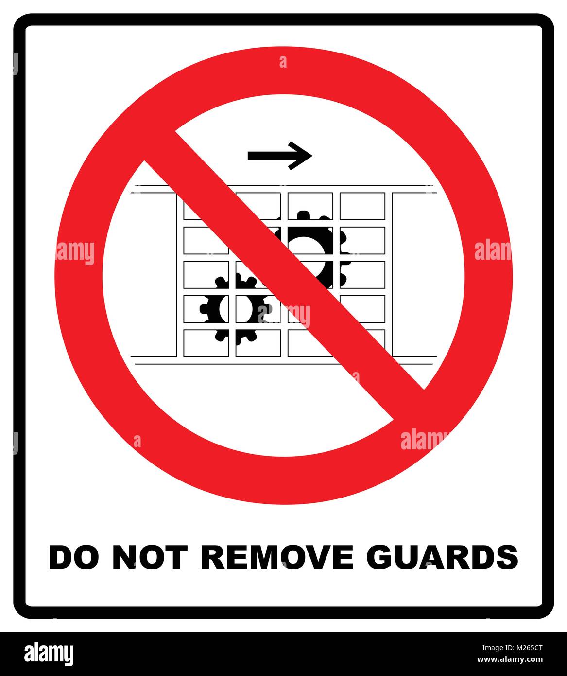 Schutzbleche nicht entfernen. Schutzeinrichtungen müssen vorhanden sein. Informationen Verbotssymbol im roten Kreis. Vector Illustration Stock Vektor