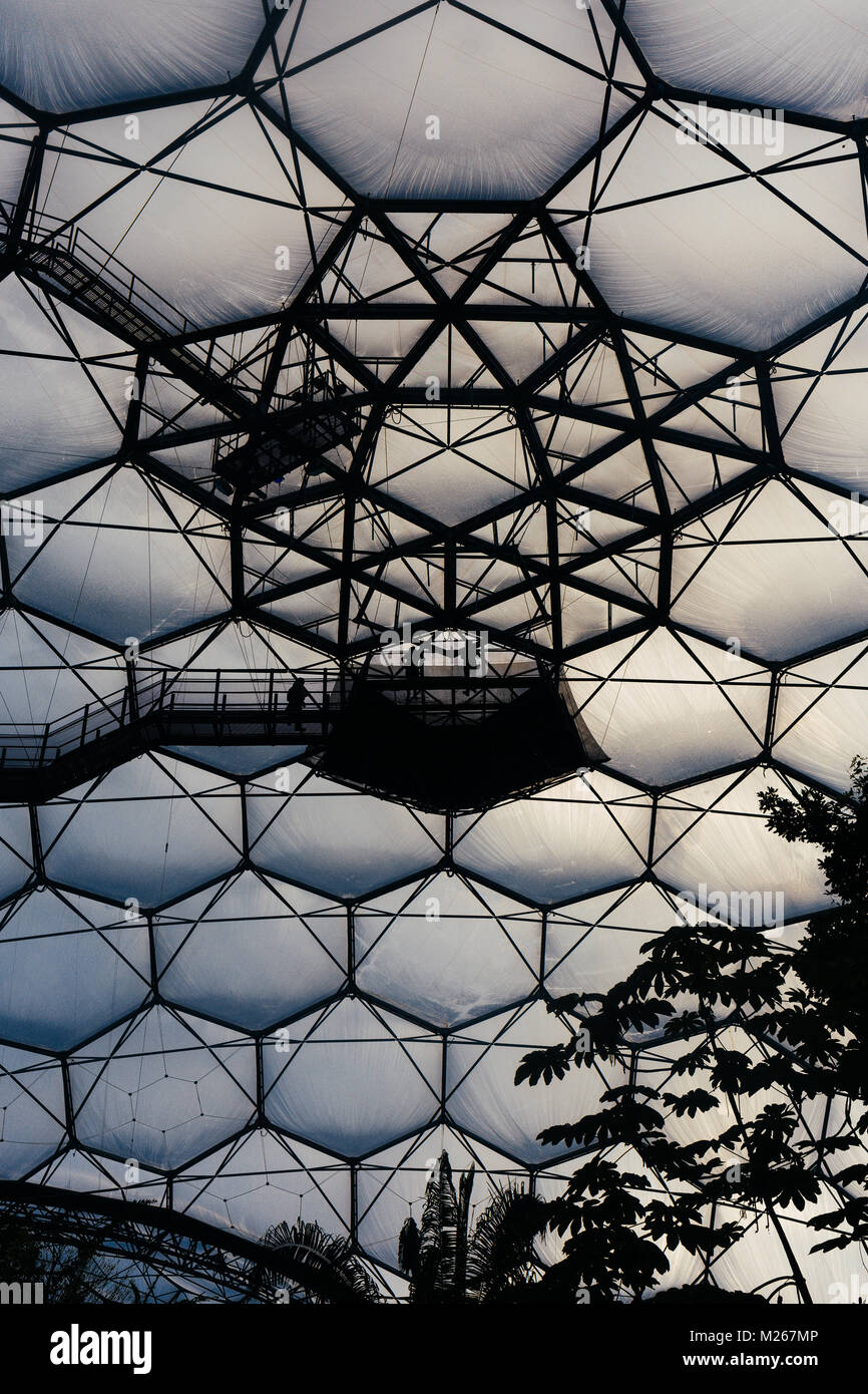 Interior Detail aus Stahl des Eden Project und Kunststoff Biome Struktur. Bodelva, Cornwall, Großbritannien. Stockfoto