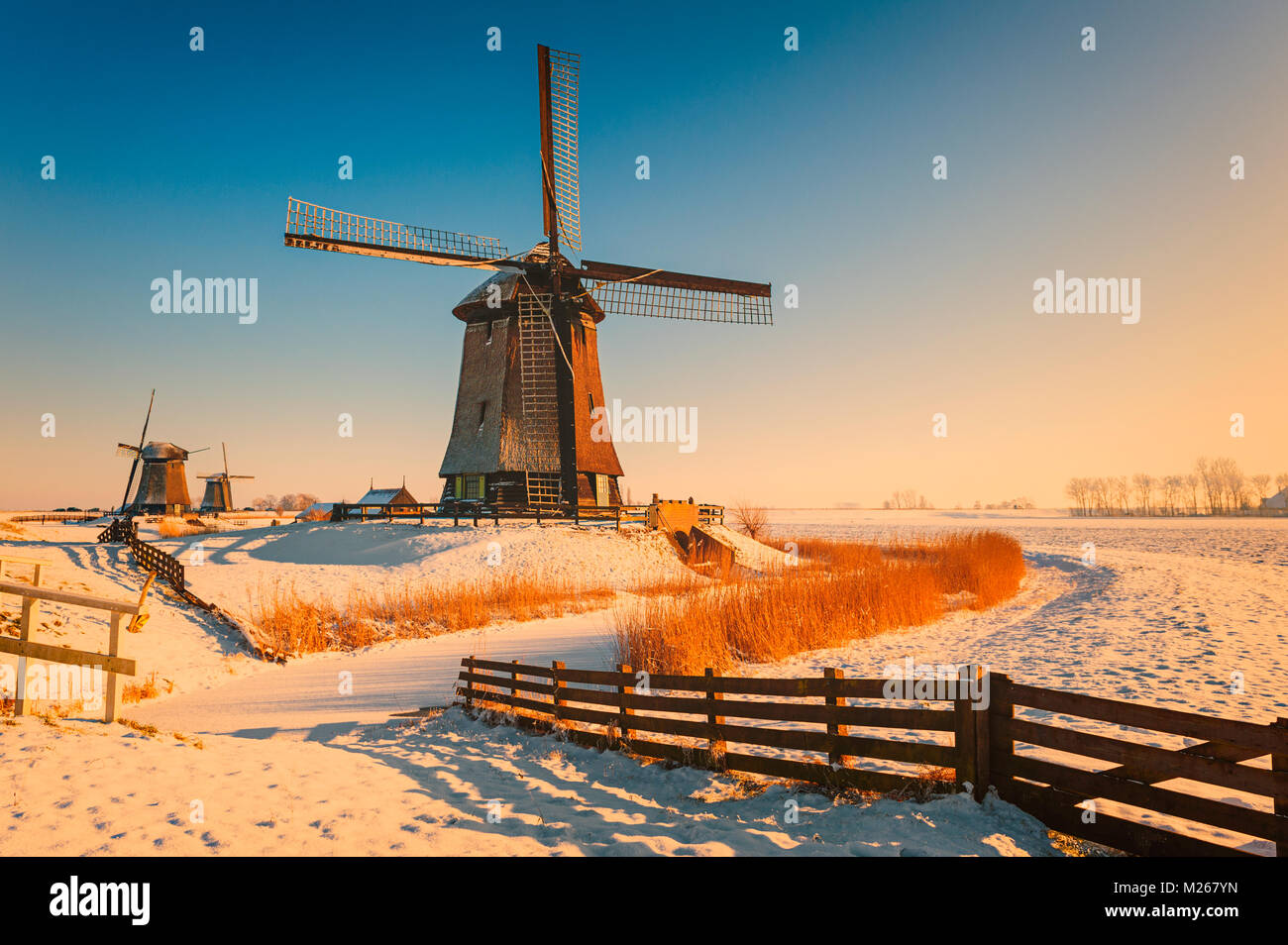 Winter Landschaft mit Windmühlen in Schermerhorn Niederlande Stockfoto