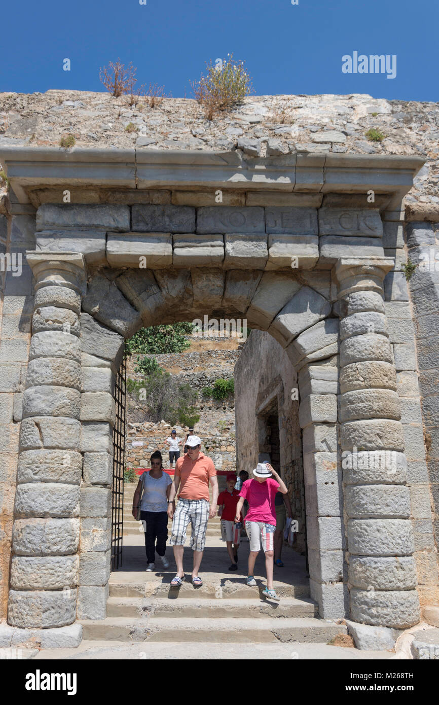 Main Gate auf Spinalonga (kalydon) Insel, Elounda, Lasithi, Kreta (Kriti), Griechenland Stockfoto