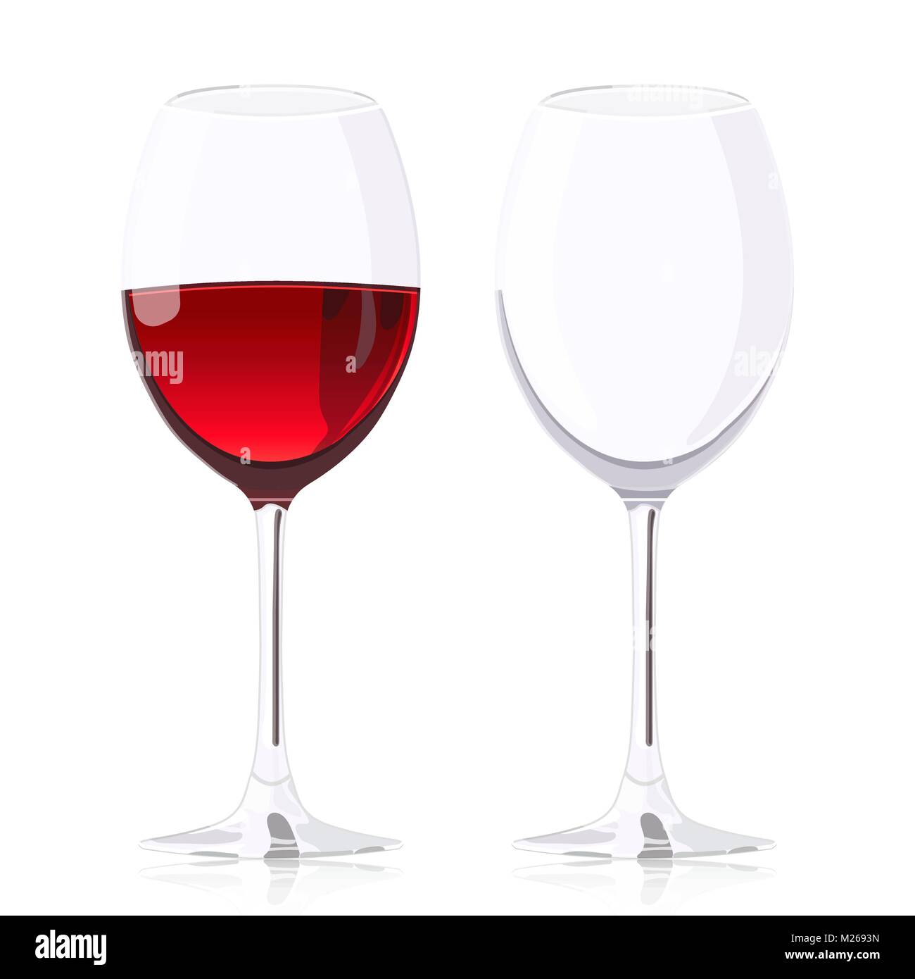 Set Glas Becher, Wineglass mit Wein und leeres Weinglas, Vektor realistische Zeichnung, auf weißem Hintergrund Stock Vektor