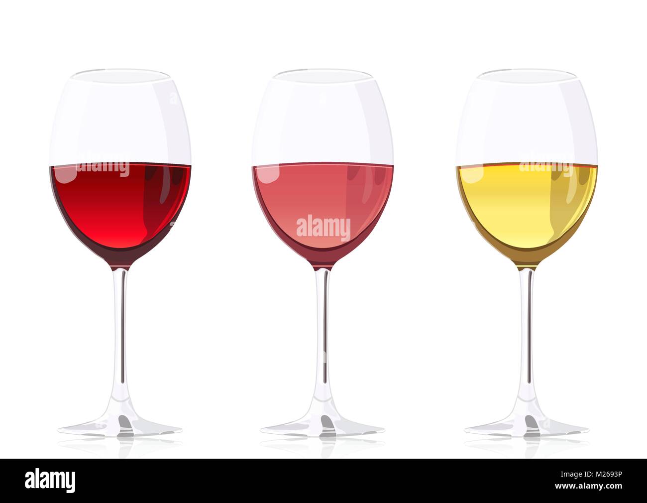 Set Glas Pokale für Wein, Vektor realistische zeichnung. Wineglass mit Rotwein, Wineglass mit Rose Wein und Weinglas mit Weißwein, auf weißem Hintergrund Stock Vektor