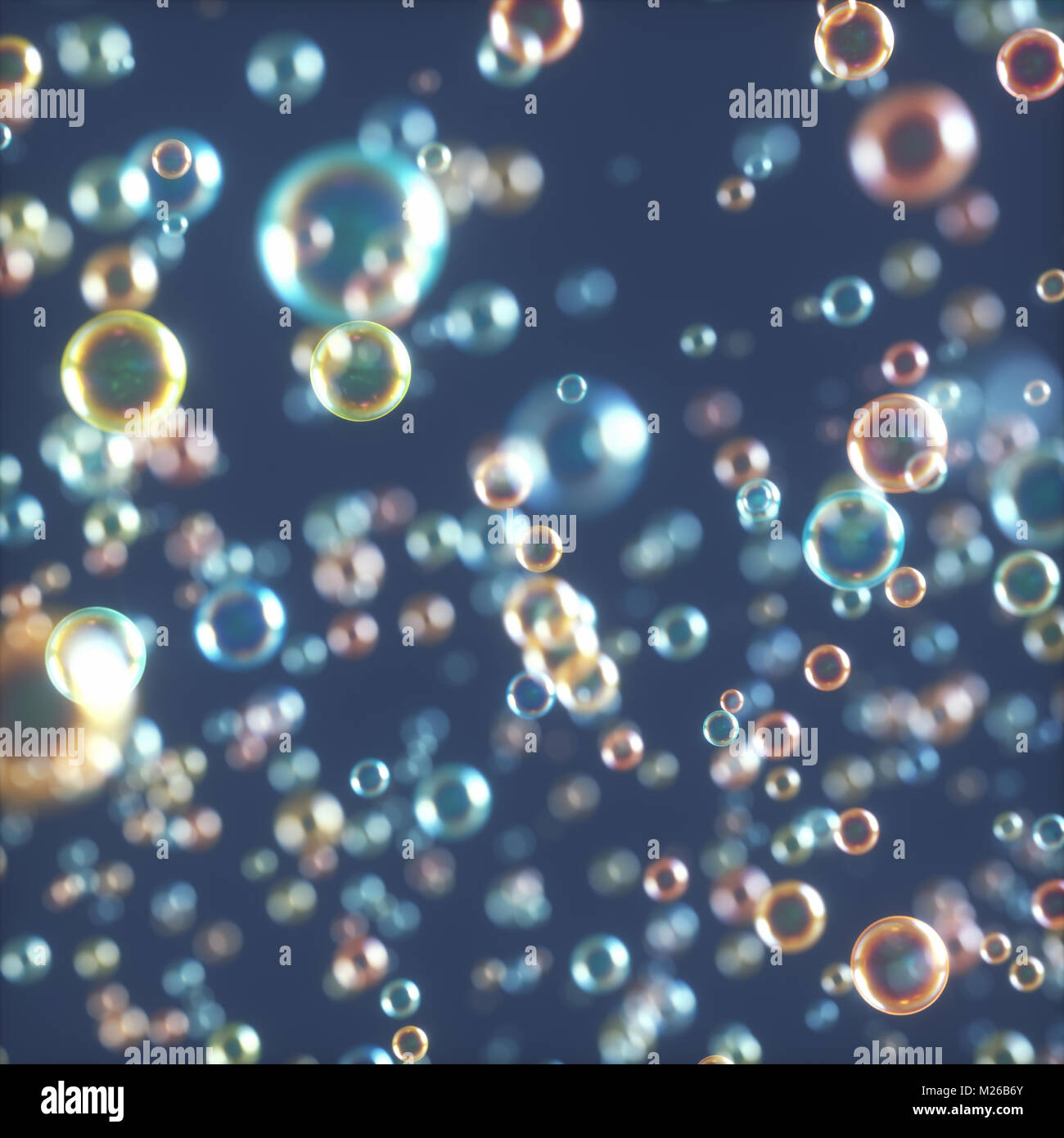 3D-Darstellung. Seifenblasen zufällig fliegen. Stockfoto