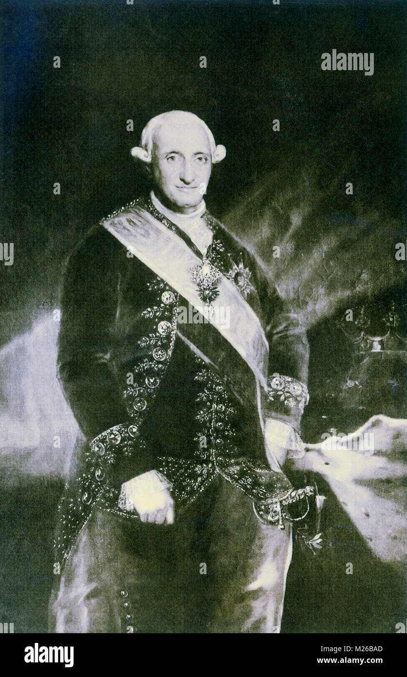 Francisco Goya (1746-1828) war ein spanischer Maler und Graphiker. Die wichtigsten spanischen Künstlern der Zeit betrachtet, ist er als einer der letzten der Alten Meister und einer der ersten der Moderne geehrt. Seine frühen Gemälde waren optimistisch und Jolly, als die Jahre vergingen, seine Werke sehr pessimistisch geworden. Eine hoch angesehene Portrait Maler, Goya hat dieses Portrait des spanischen Königs Karl IV. im Jahr 1789. Oft wird es als Karl IV. in Rot bekannt. Er hat auch ein berühmtes Gemälde von Karl IV. und seine Familie. Stockfoto