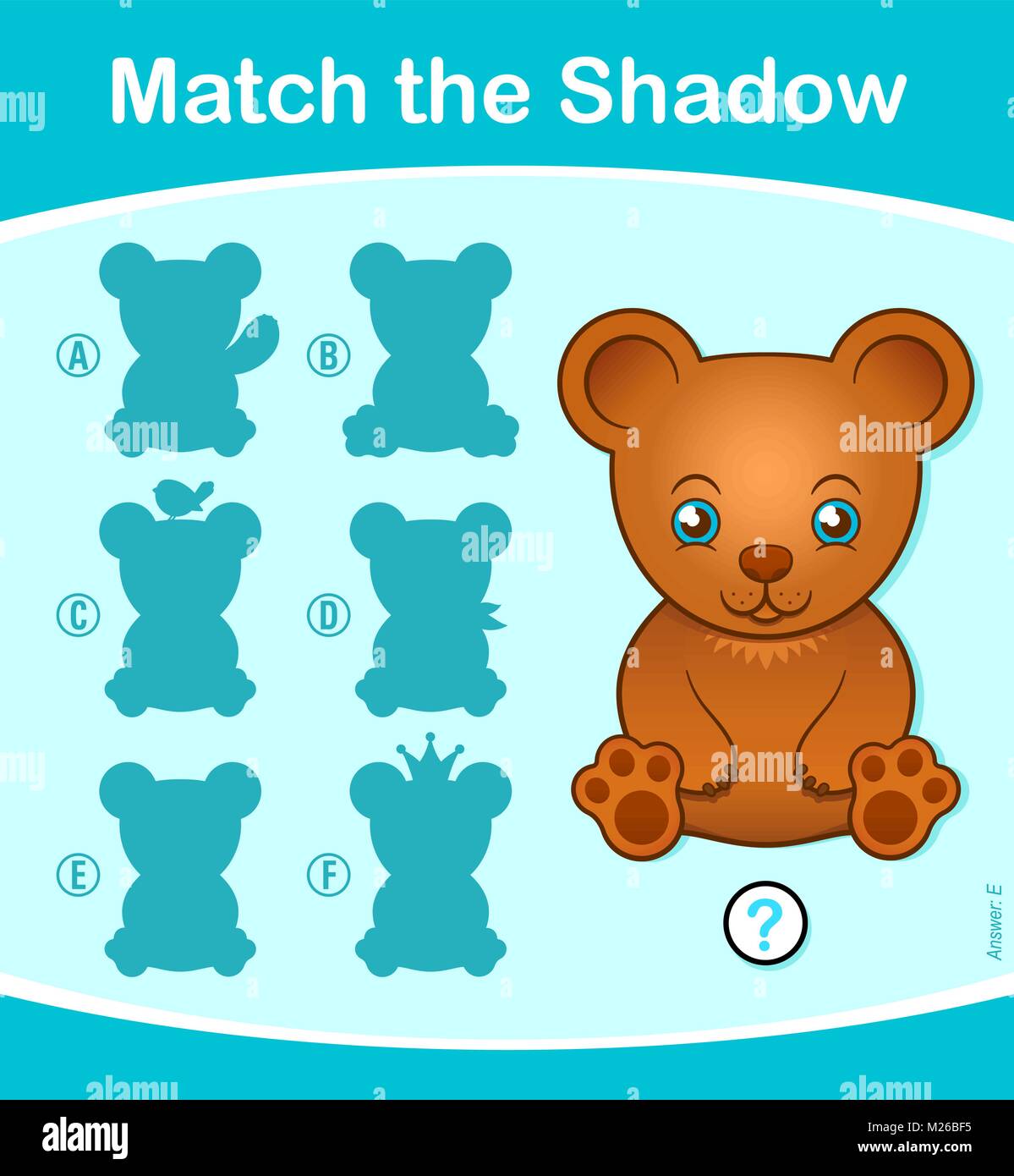 Ordnen Sie die Schatten Kinder pädagogische puzzle Spiel mit niedlichen Teddybären und fünf Auswahlmöglichkeiten von Silhouette, Vector Illustration Stock Vektor