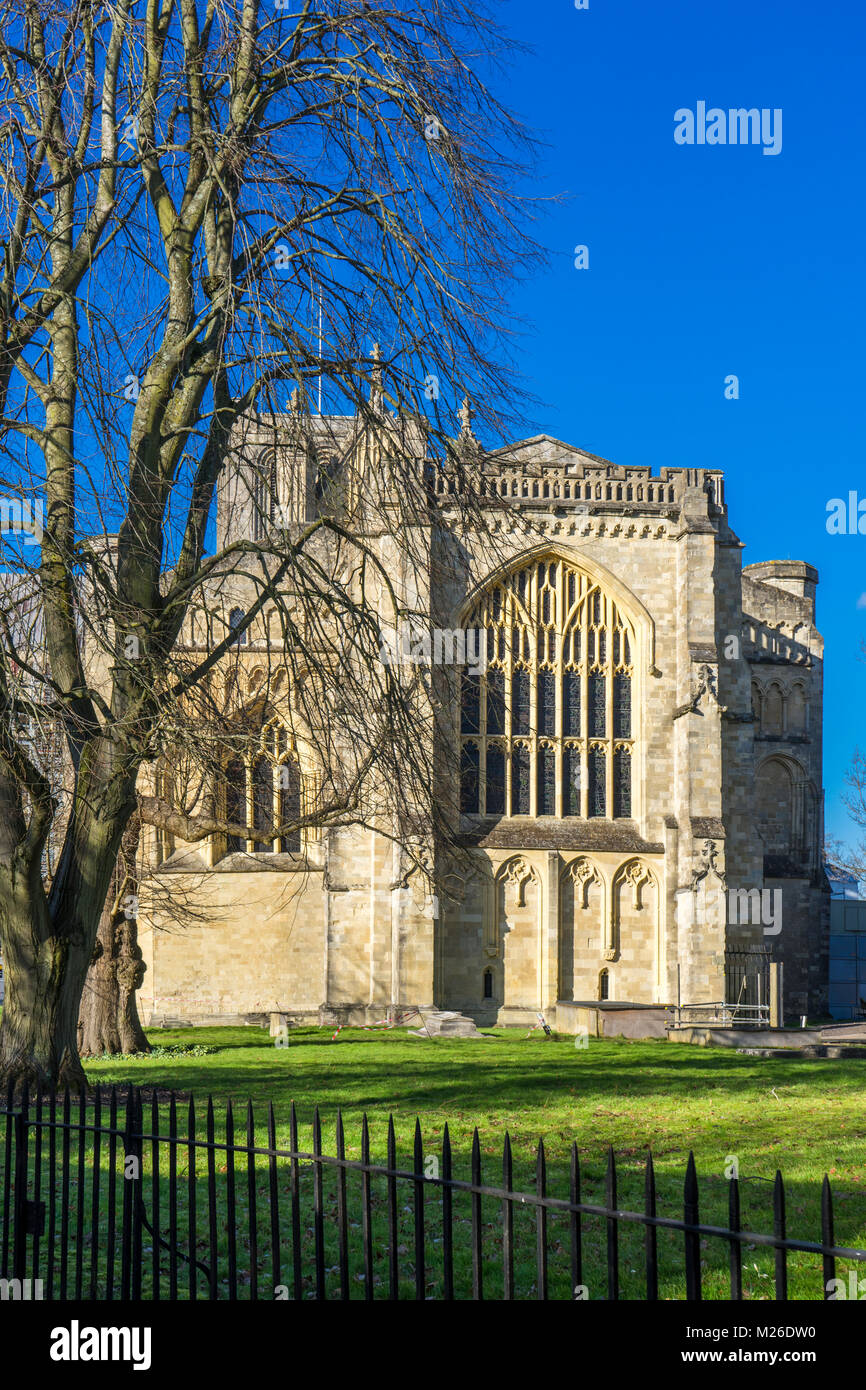 East Side von Winchester Cathedral Februar 2018, Winchester, Hampshire, England, Großbritannien Stockfoto