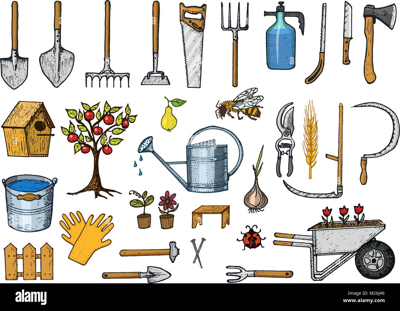 Satz von gartengeräte oder Elemente. Schlauchhaspel, Gabel, Spaten, Rechen, Hacke, trug, Karre, Rasenmäher, Elements Collection. Arbeitsmittel. Schaufel zaun Baum sah Gießkanne ax. graviert Hand in alte Skizze gezeichnet Stock Vektor