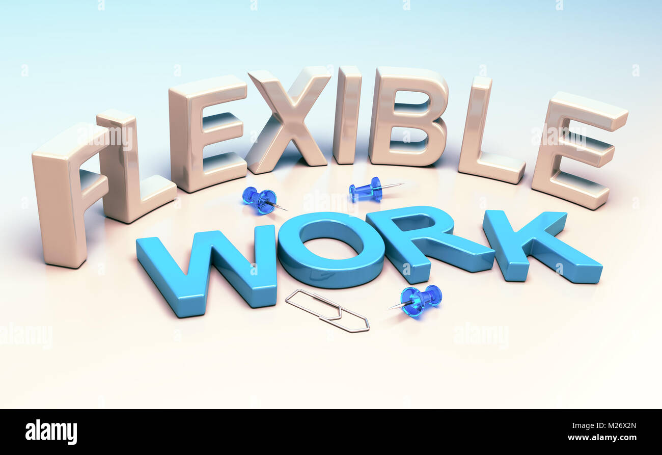 3D-Illustration Worte flexible Arbeit und Bürobedarf. Konzept der Flexibilität am Arbeitsplatz. Stockfoto