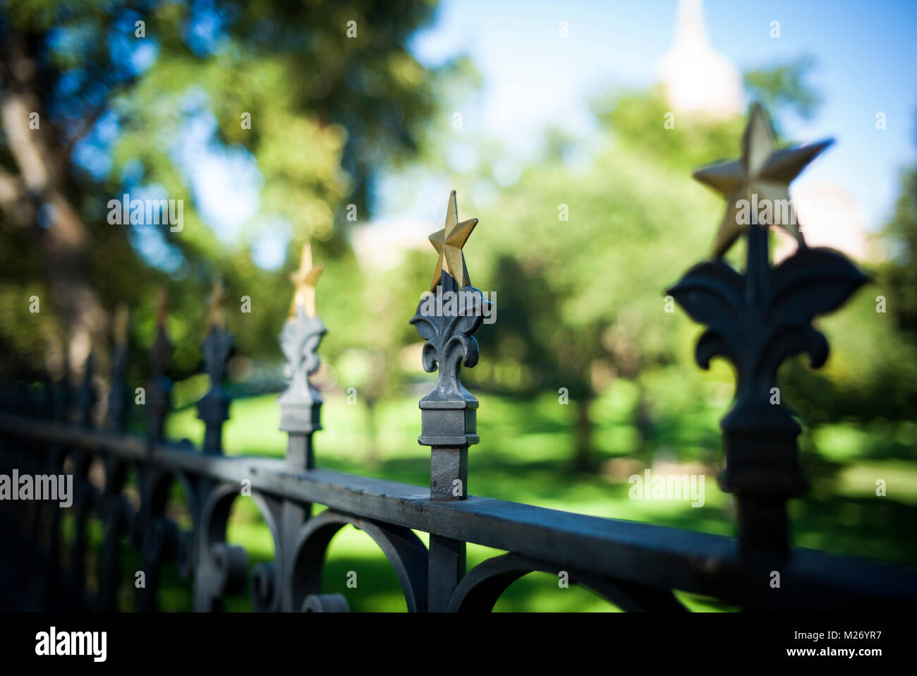 Gold Sterne auf dem Zaun an der Landeshauptstadt in Austin, Texas. Stockfoto