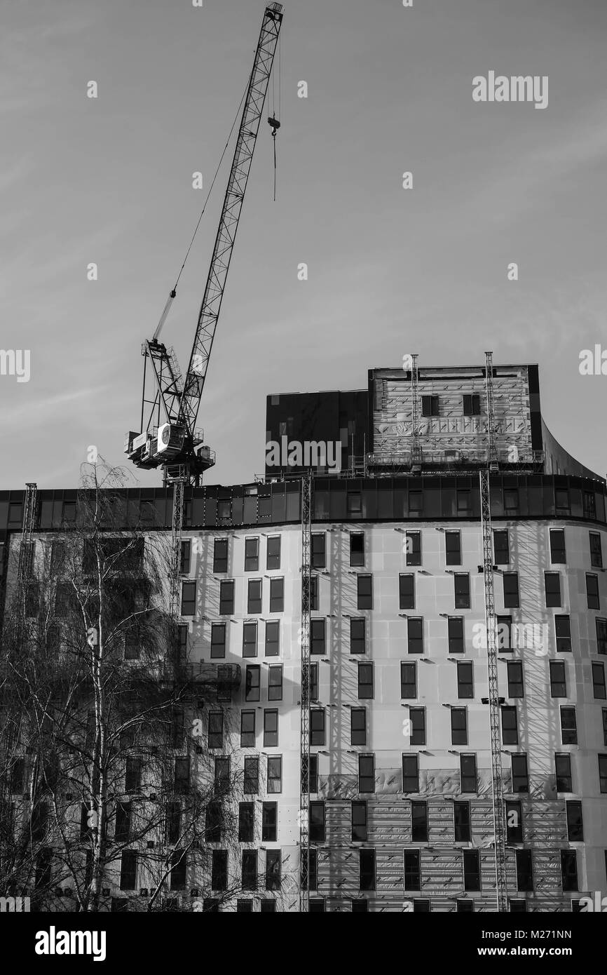 Gebäude, blauer Himmel und Krane Stockfoto