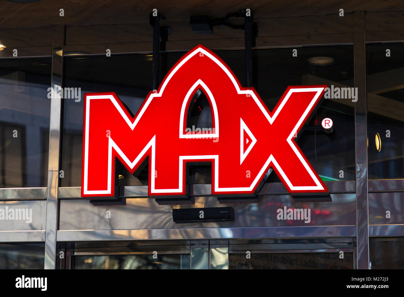 Zeichen für die Schwedische Fast-Food-Kette Max Burger, Stockholm, Schweden Stockfoto