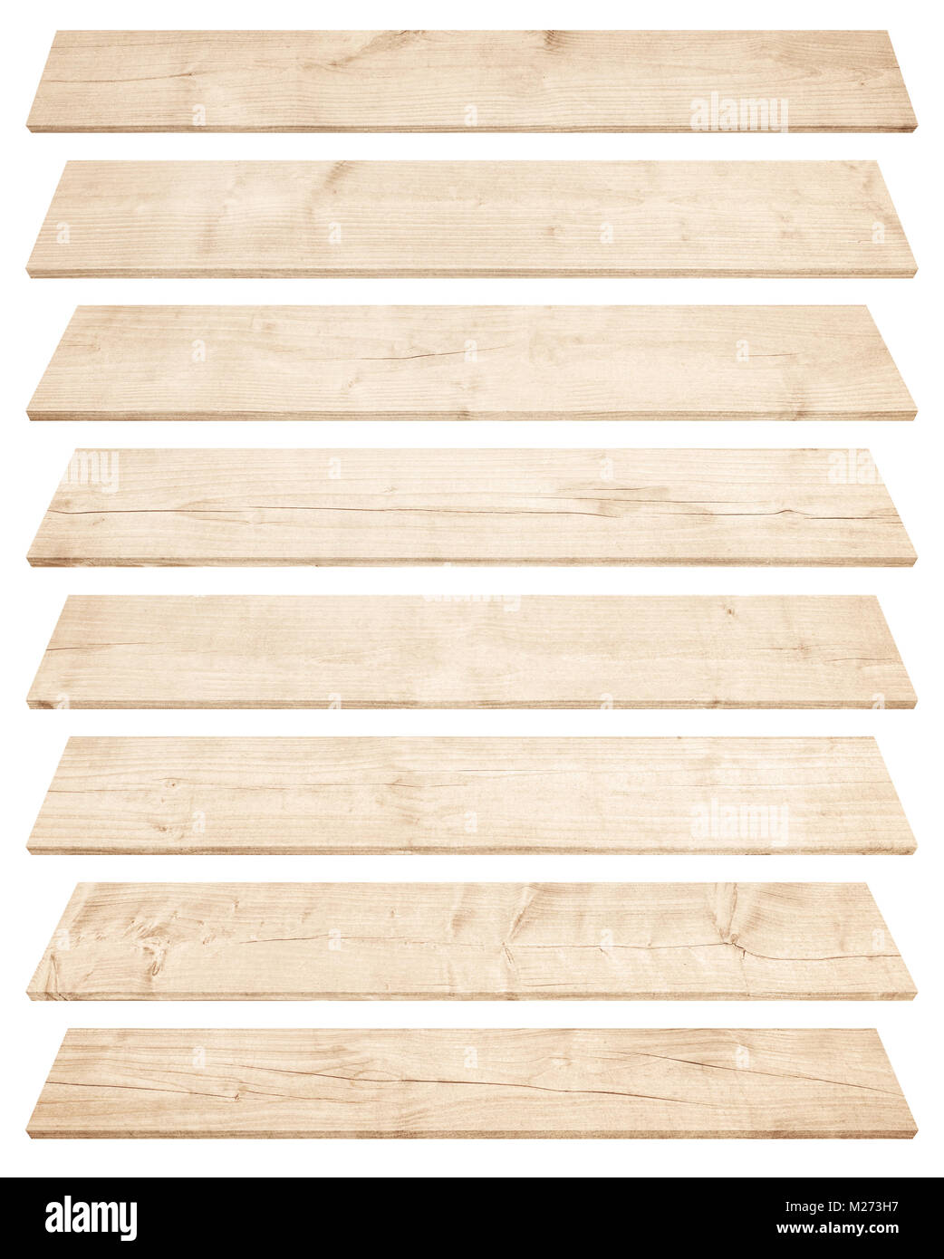 Alte braune Perspektive Holzbohlen auf weißem Hintergrund Stockfoto