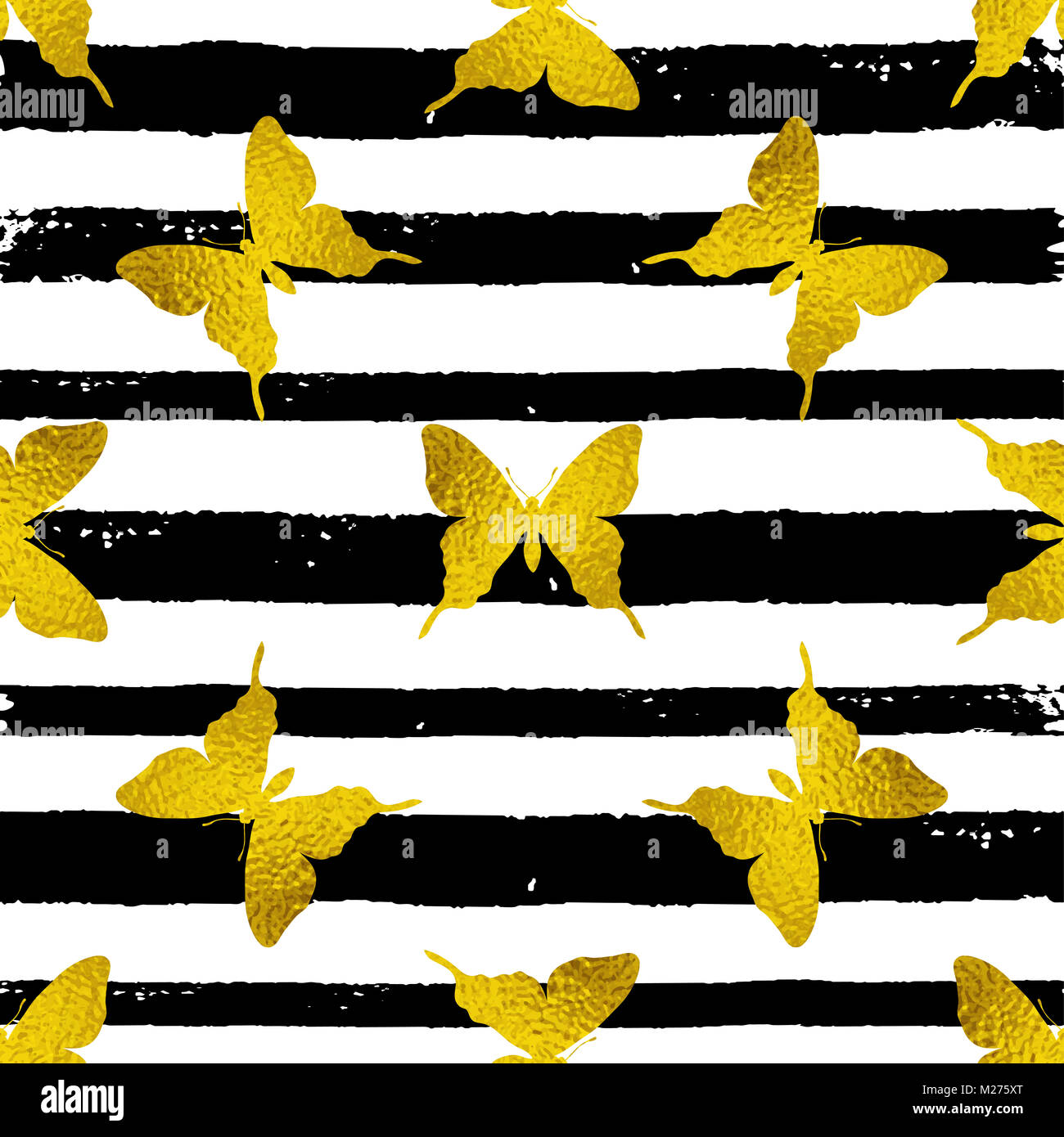 Dekorative Vektor nahtlose Muster mit goldenen Schmetterlinge auf einem gestreiften schwarzen und weißen Hintergrund Stockfoto
