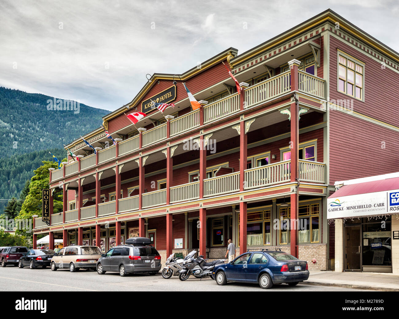 Historische Kaslo Hotel auf der Straße in Kaslo, Kootenay Region, British Columbia, Kanada Stockfoto