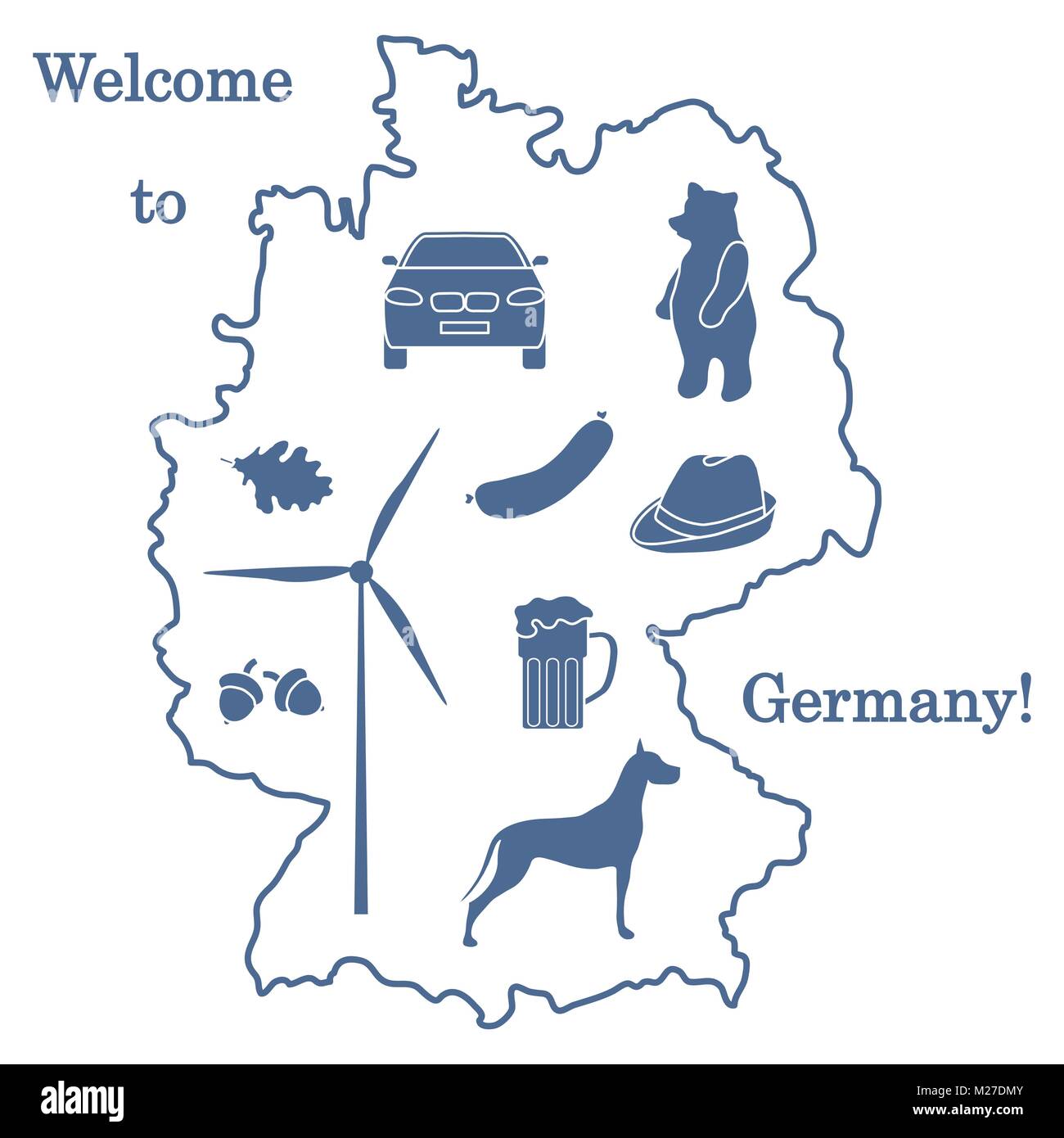 Vector Illustration mit verschiedenen Symbolen in Deutschland. Reisen und Freizeit. Design für Banner, Poster oder Drucken. Stock Vektor