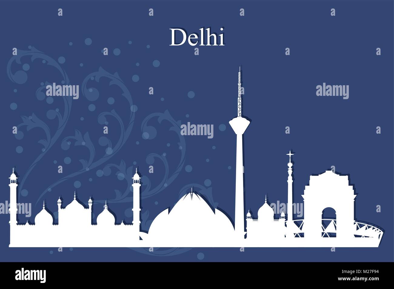 Delhi Stadt Skyline Silhouette auf blauem Hintergrund, Vektor-illustration Stock Vektor