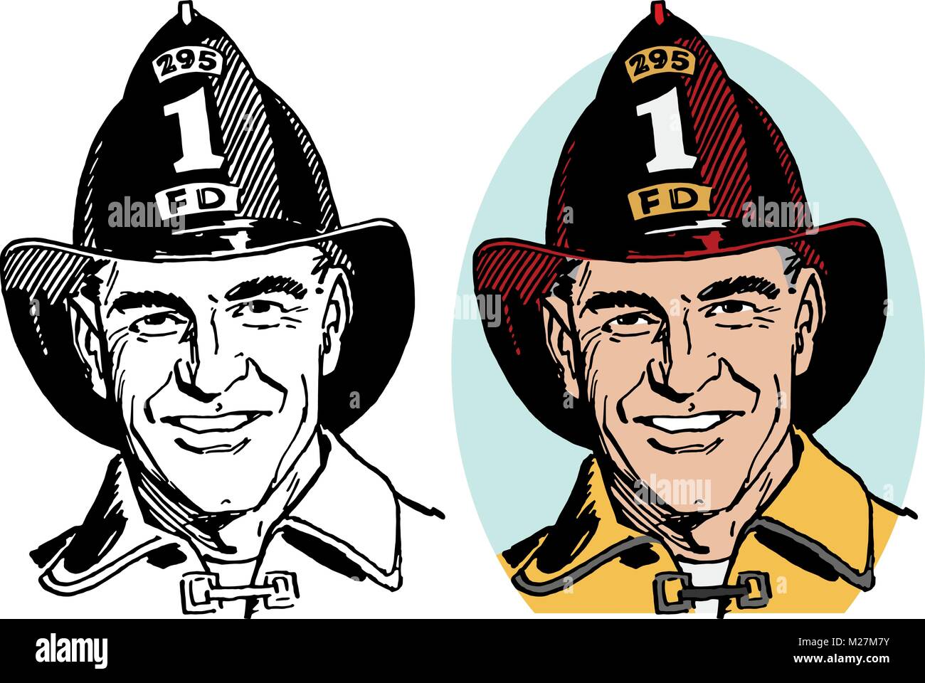 Das Porträt einer männlichen Feuerwehrmann in seiner Uniform und Helm. Stock Vektor