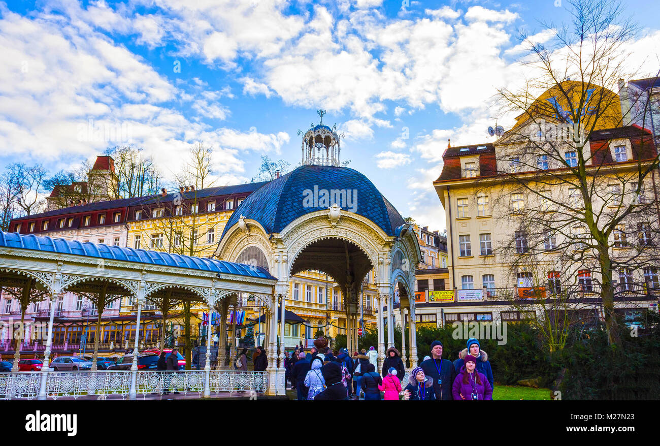 Karlovy Vary, Cszech Republik - Januar 01, 2018: Hot Springs Kolonnade in Karlsbad Stockfoto