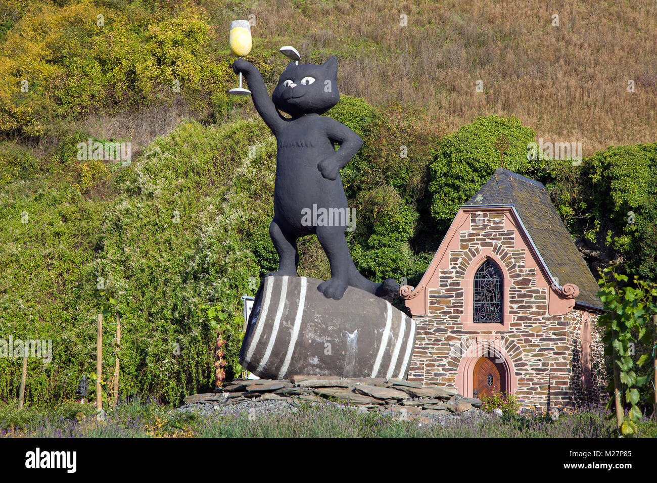 "Zeller Schwarze Katz", Schwarze Katze von Zell, Name, Symbol und Logo für den berühmten Wein von Zell, Mosel, Rheinland-Pfalz, Deutschland, Europa Stockfoto