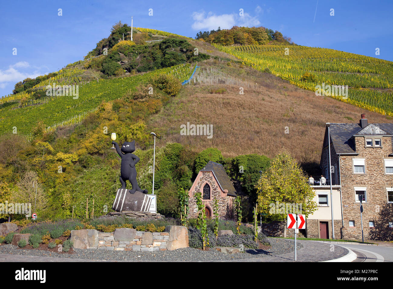 "Zeller Schwarze Katz", Schwarze Katze von Zell, Name, Symbol und Logo für den berühmten Wein von Zell, Mosel, Rheinland-Pfalz, Deutschland, Europa Stockfoto