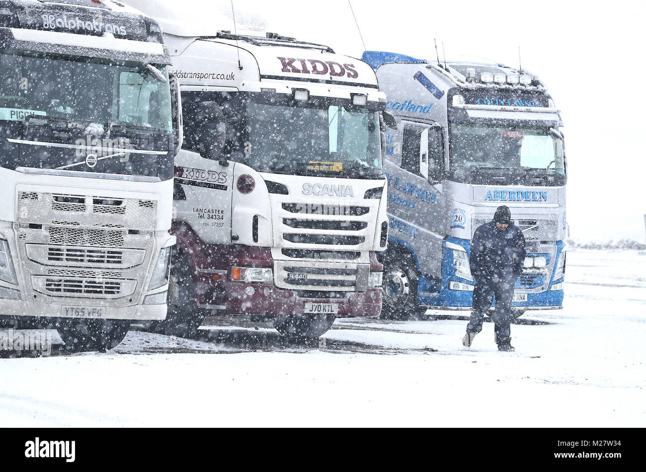 Lastwagen auf der A 66 bei einem Blizzard in Durham geparkt, als Frost griffe Großbritannien und starker Schneefall geführt hat Unterbrechung zu reisen. Stockfoto