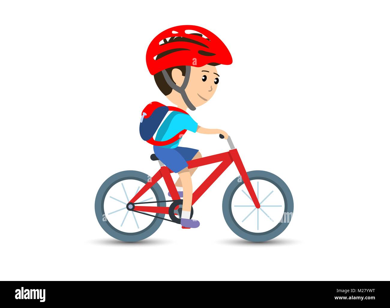 Jugendlich Kind Schule junge Radfahren mit dem Fahrrad und Helm tragen, Rucksack, Vector Illustration Stock Vektor
