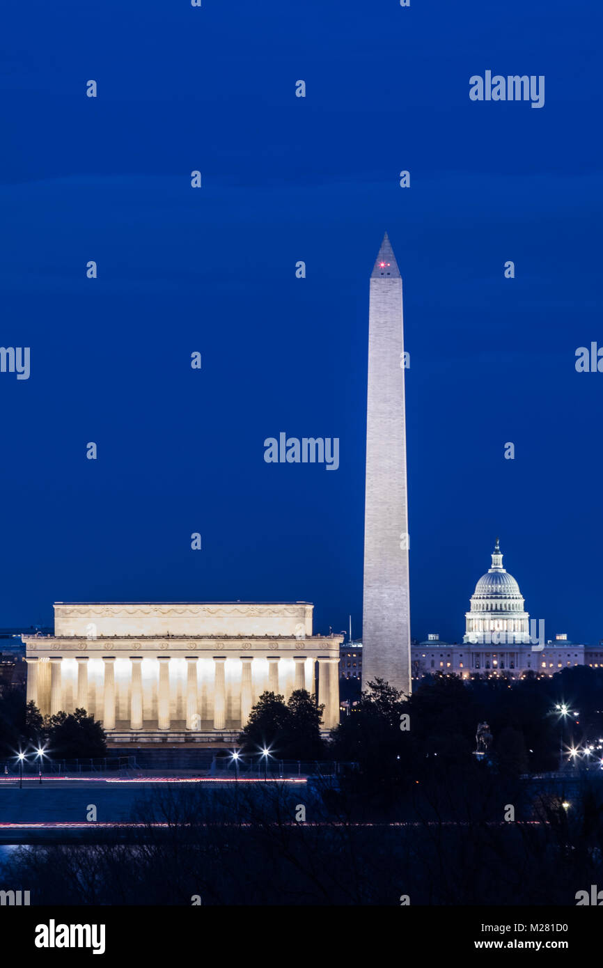 Washington DC Denkmäler, Lincoln Memorial, Washington Memorial, das Capitol Gebäude Stockfoto