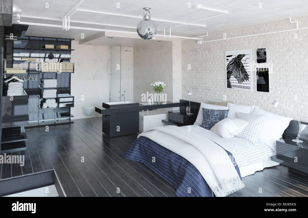 Moderne Schlafzimmer im Loft Innenraumkonzept. 3D-Render. Stockfoto