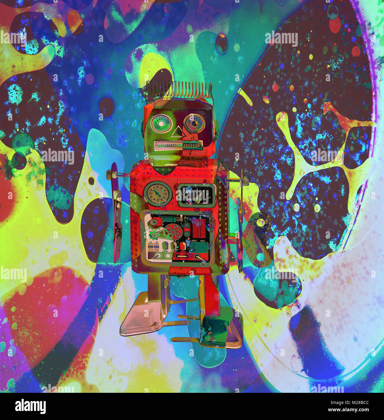 Die kleinen roten Roboter auf einem asid Reise retro 70, s Bild Stockfoto