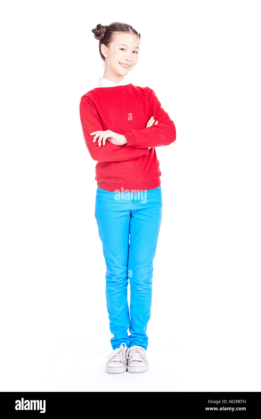 Asiatische Schule Mädchen auf weißem Hintergrund Stockfoto