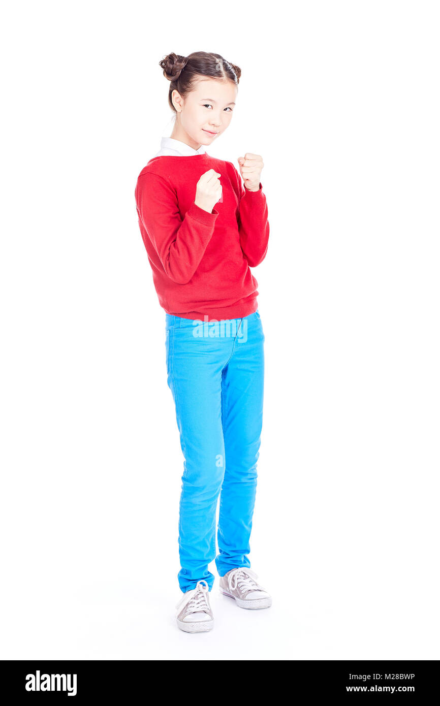 Asiatische Schule Mädchen auf weißem Hintergrund Stockfoto