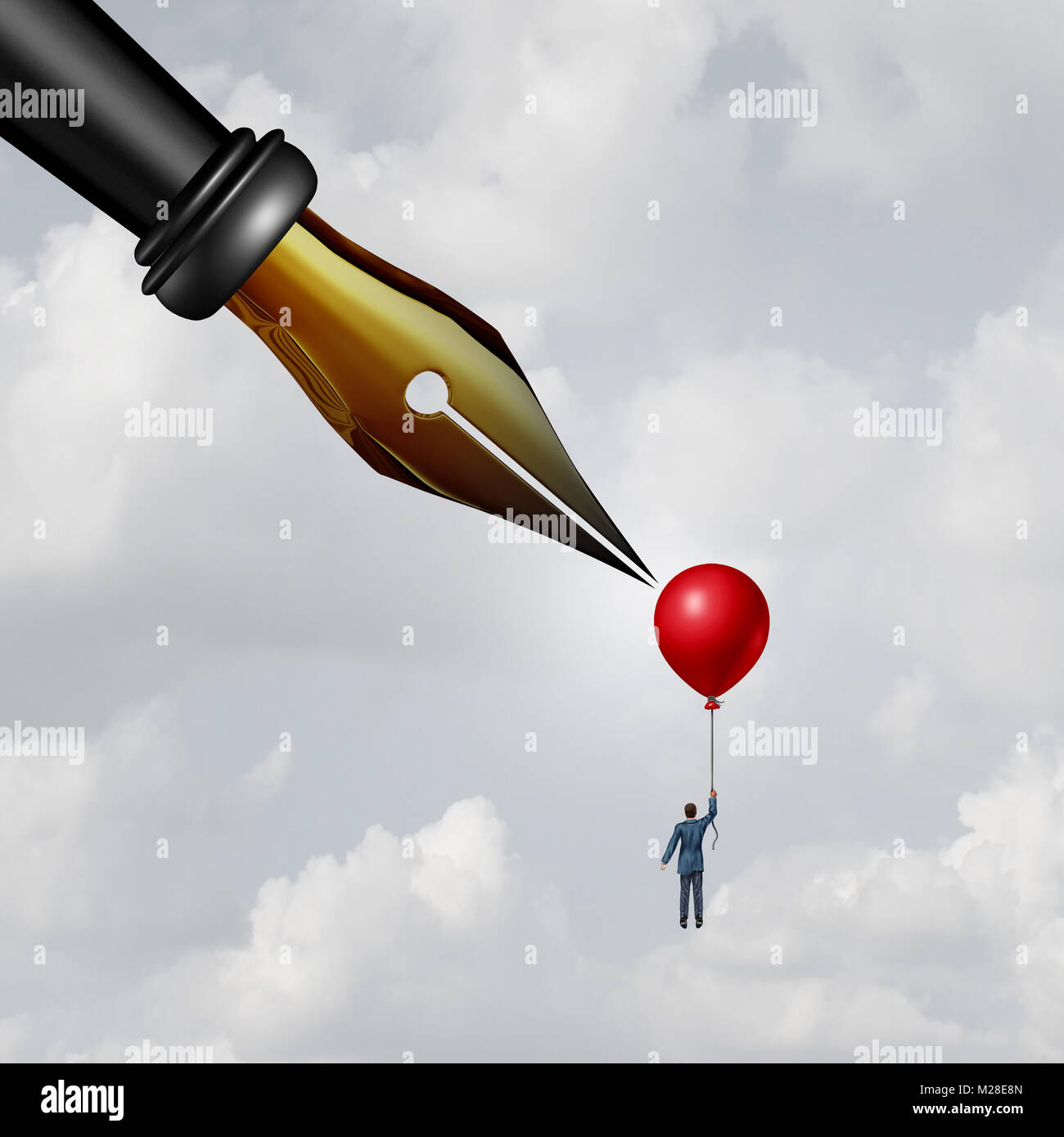 Vertrag Gefahr und unfaire Geschäftsbedingungen oder anonyme Quelle Berichterstattung als Geschäftsmann Holding einen Ballon mit einem scharfen Pen nib Piercing. Stockfoto