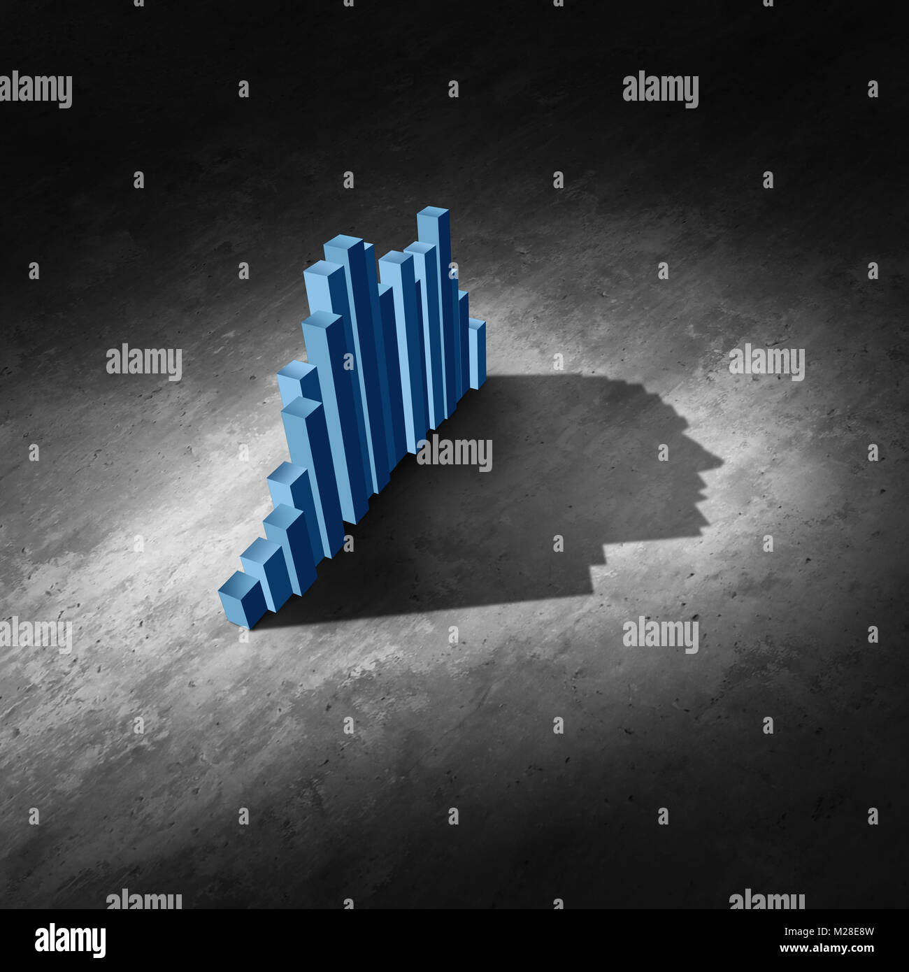 Business Analyse der Daten als abstrakten finanziellen Plan und Finanzen Diagramm einen Schatten wirft wie menschlichen Kopf als 3D-Illustration geprägt. Stockfoto