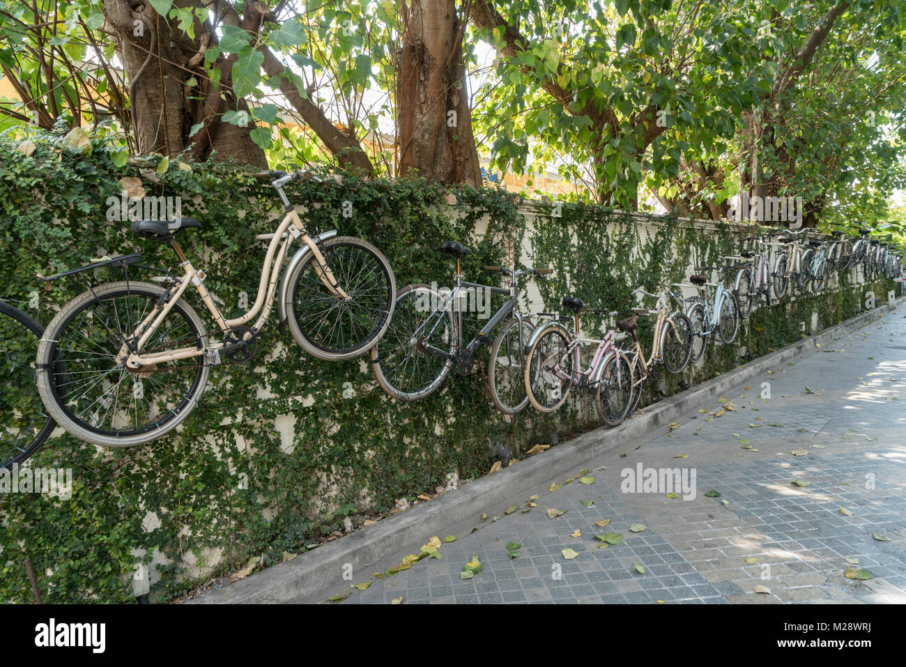 Einige Fahrräder hängend an der Wand in einer Straße von Bangkok, Thailand Stockfoto