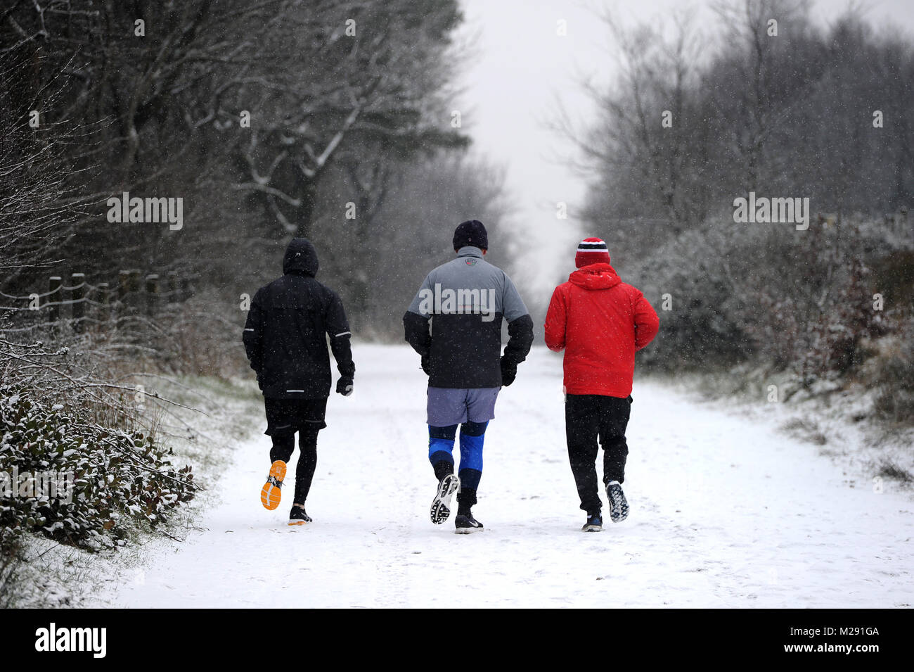 Rivington Gärten, Bolton, Lancashire, UK. 6. Februar, 2018. UK Wetter. Winterliche Kulissen Rivington Gärten, Bolton, Lancashire als Decke des Schnees bedeckt den Boden in, was erwartet wird, die kältesten Woche des Jahres zu sein. Eine Gruppe von Läufern tapfer den kalten Bedingungen. Bild von Paul Heyes, Dienstag, Februar 06, 2018. Credit: Paul Heyes/Alamy leben Nachrichten Stockfoto