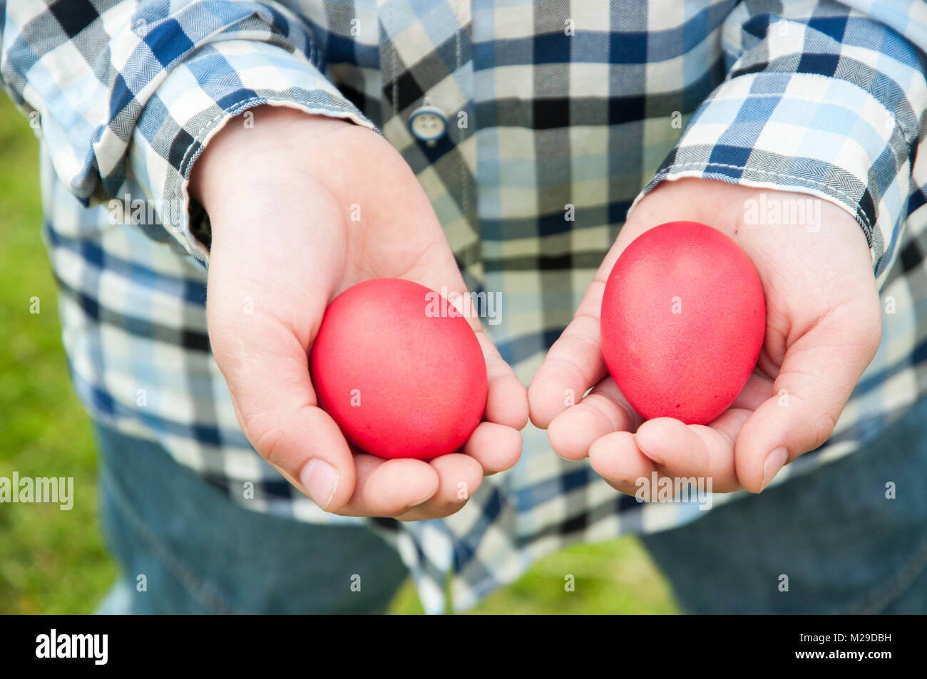 Ostern Jagd - zwei rote Eier in Kinderhände Stockfoto