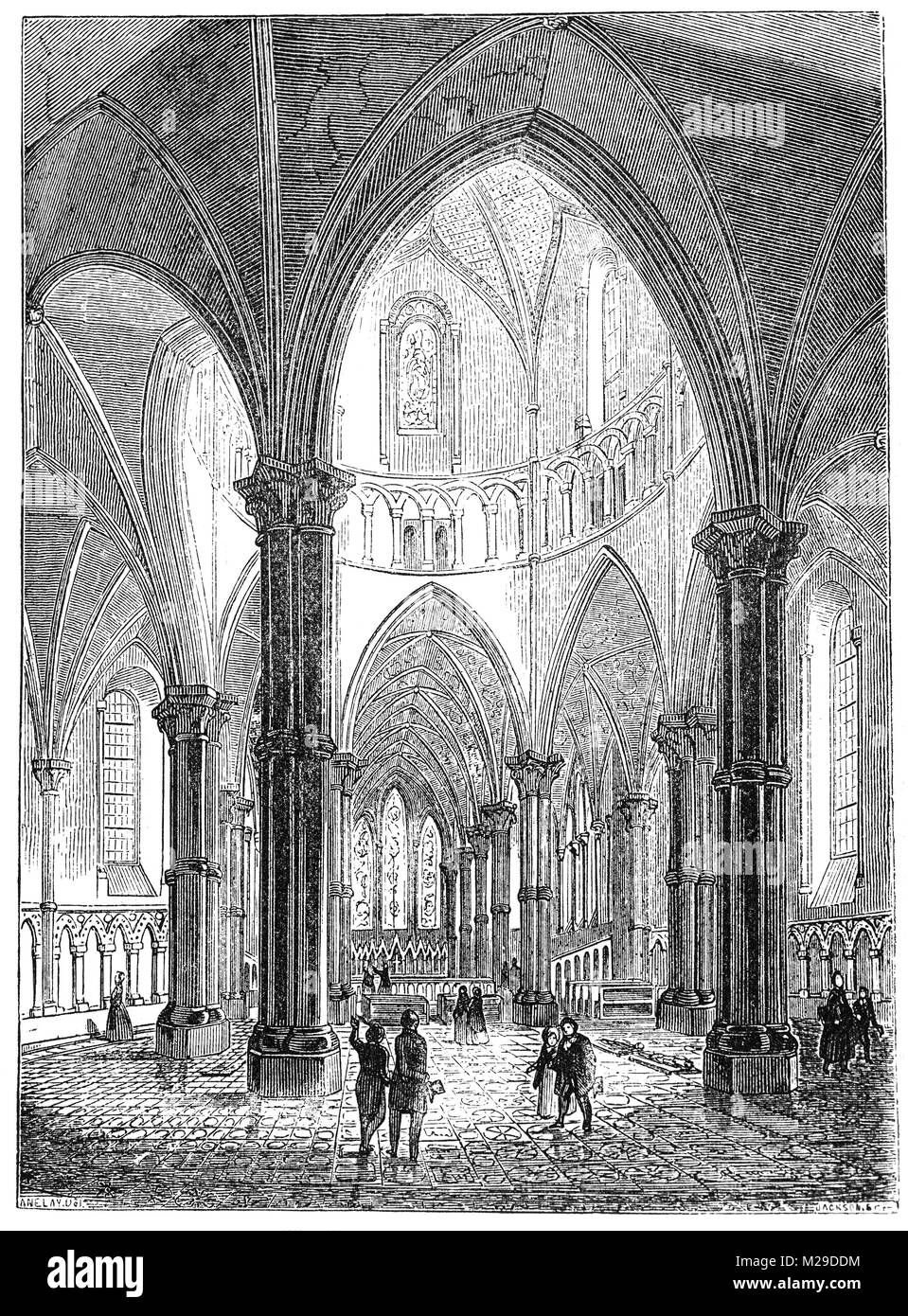 Blick vom Eingang des Tempels Kirche, einer späten 12. Jahrhundert, Kirche in der City von London, England, zwischen Fleet Street und der Themse entfernt. Von den Tempelrittern, da ihr Englisch zentrale gebaut, es ist berühmt für sein ein runde Kirche, ein gemeinsames Design feature für Templer Kirchen. Stockfoto Blick vom Eingang des Tempels Kirche, einer späten 12. Jahrhundert, Kirche in der City von London, England, zwischen Fleet Street und der Themse entfernt. Von den Tempelrittern, da ihr Englisch zentrale gebaut, es ist berühmt für sein ein runde Kirche, ein gemeinsames Design feature für Templer Kirchen. Stockfoto