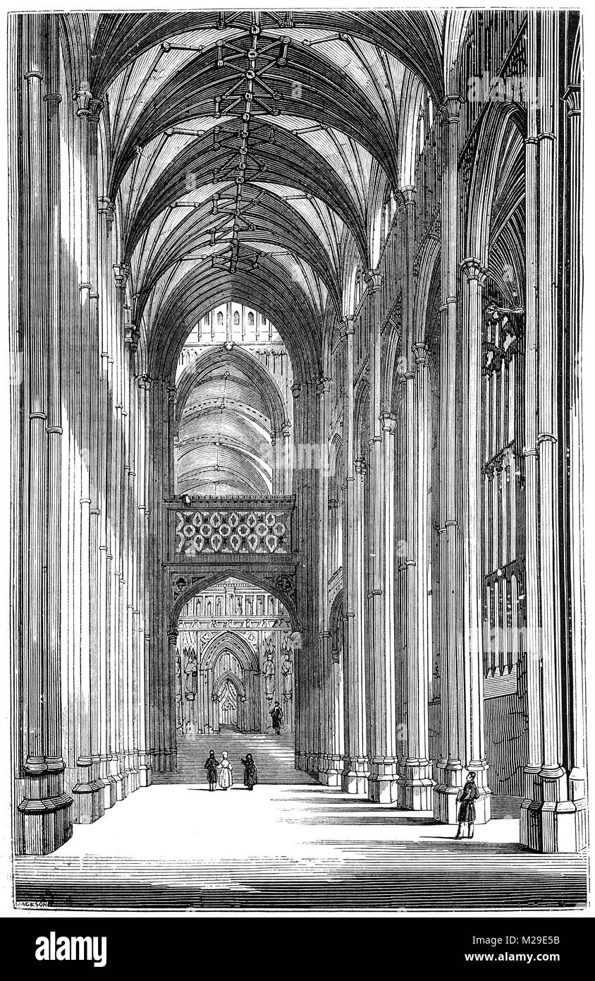 Das Kirchenschiff der Kathedrale von Canterbury in Canterbury, Kent, England. Es wurde 597 gegründet und vollständig von 1070 bis 1077 wieder aufgebaut. Das east end war stark vergrößert zu Beginn des zwölften Jahrhunderts, und weitgehend umgebaut im gotischen Stil nach einem Brand im Jahr 1174. Stockfoto