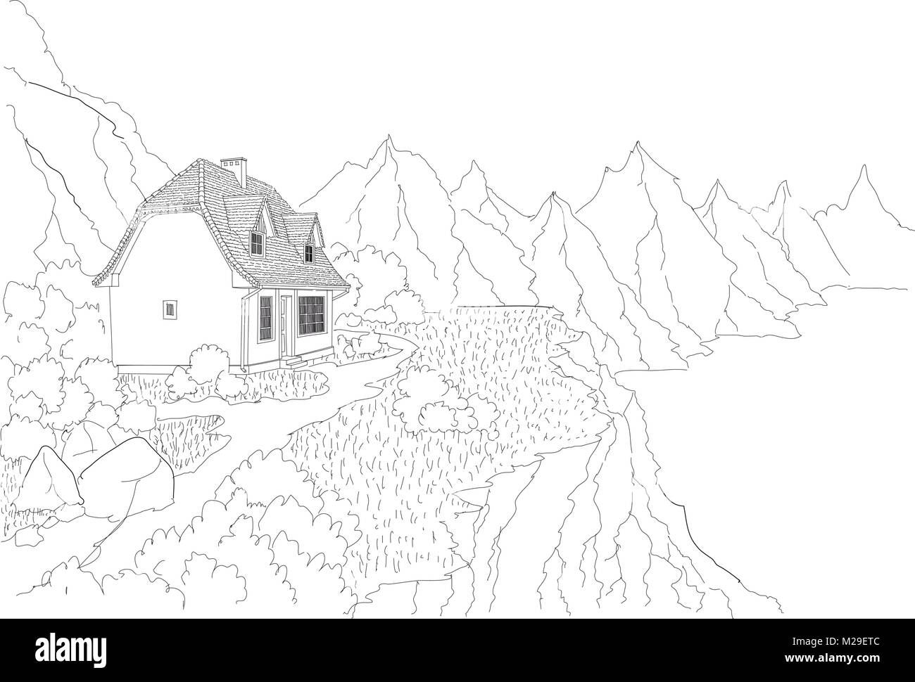 Ein Landhaus am Ufer eines Bergsees. Bergluft und klares Wasser. Erholung und Entspannung für die städtischen Bewohner. Stock Vektor