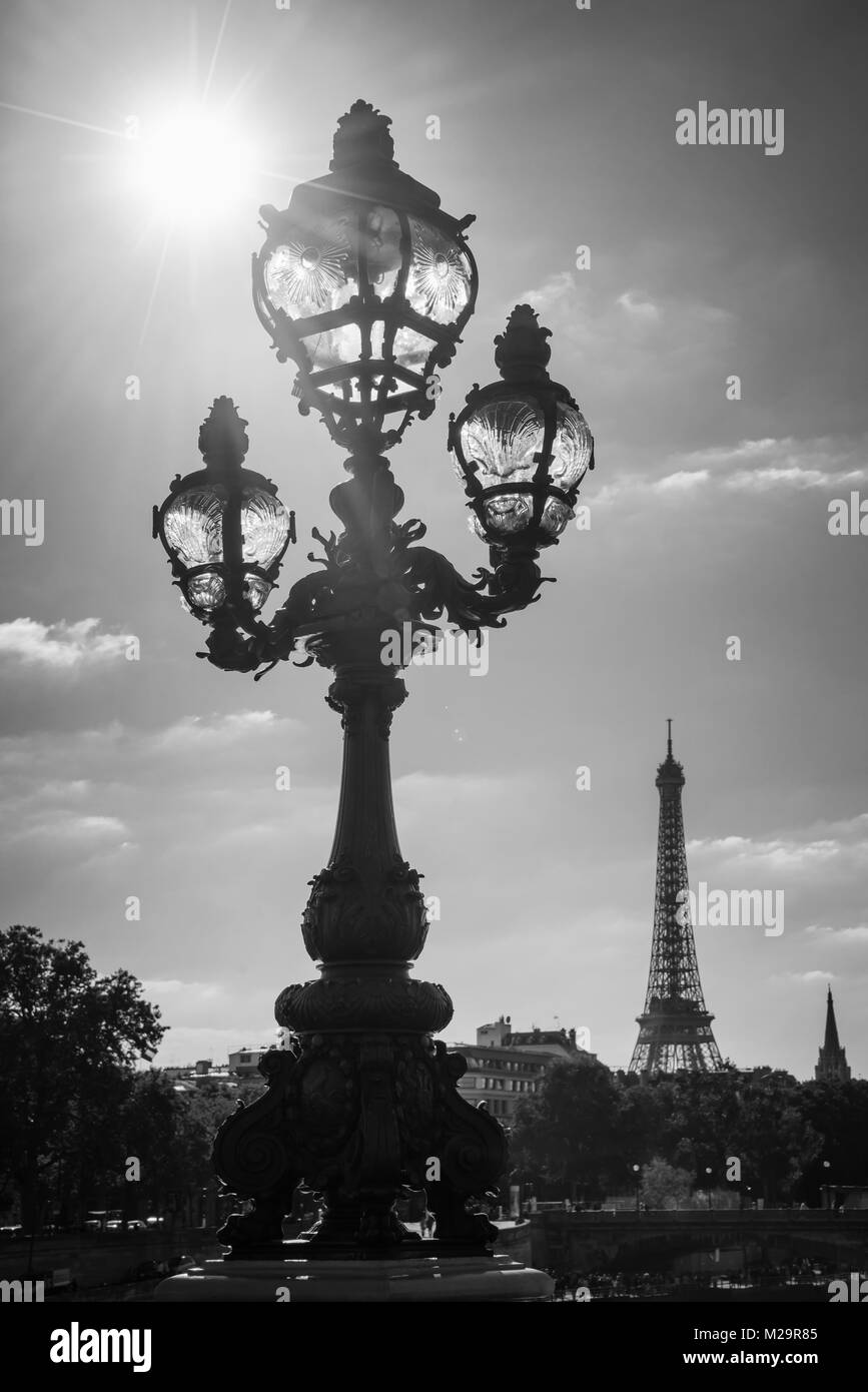 Straßenlaterne auf der Alexandre III Brücke gegen den Eiffelturm in Paris, Frankreich Stockfoto