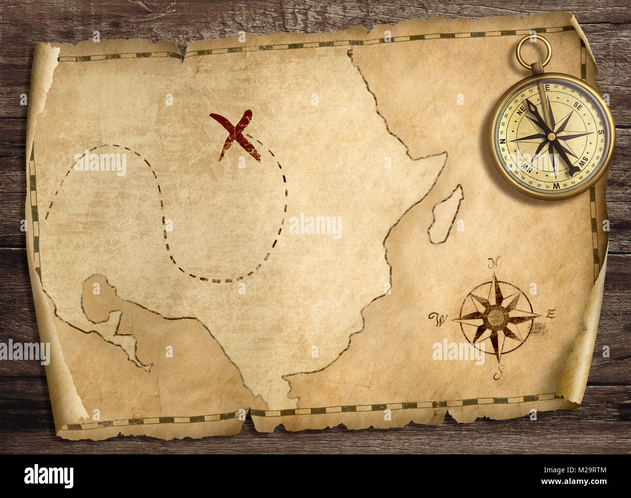 Alten Schatz der Piraten Karte mit Kompass auf Holz Tisch. 3D-Darstellung. Stockfoto