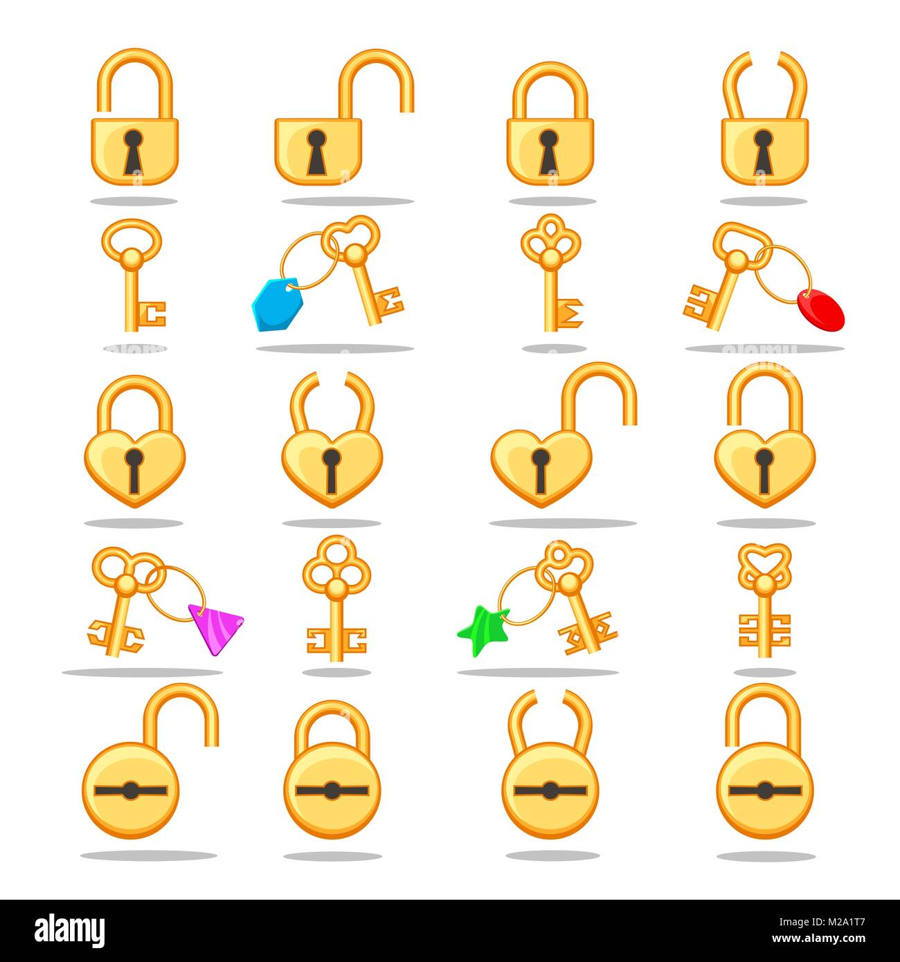 Schlösser und Schlüssel. Vektor gold Vorhängeschlösser und verschiedenen goldenen Schlüssel für Ver- und entriegeln sich Symbole auf weißem Hintergrund Stock Vektor