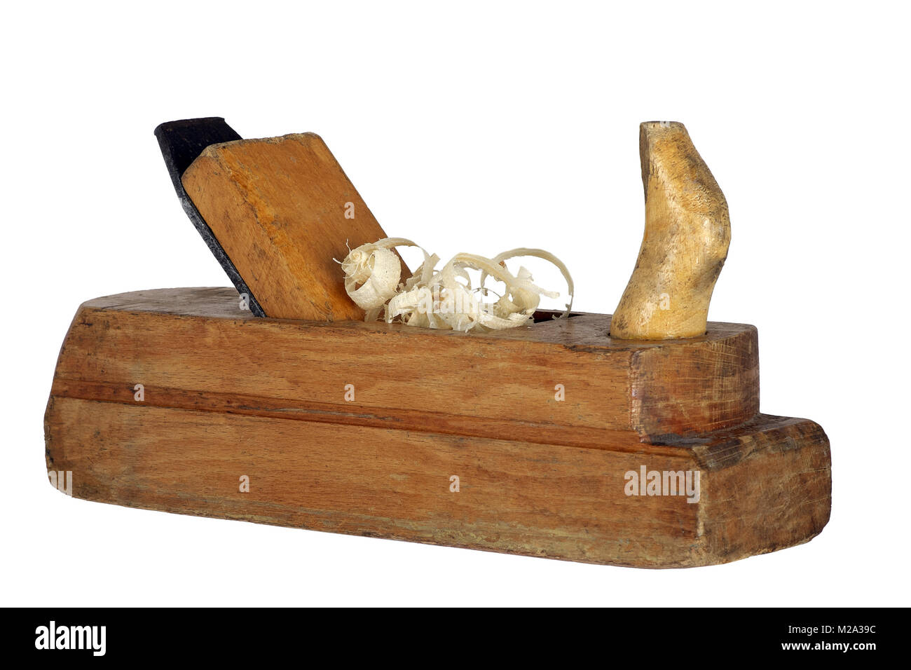 Vintage Flugzeug auf einem weißen Hintergrund. für Holz Verarbeitung. Mit Späne. Carpenter gehobeltes Holz. Stockfoto