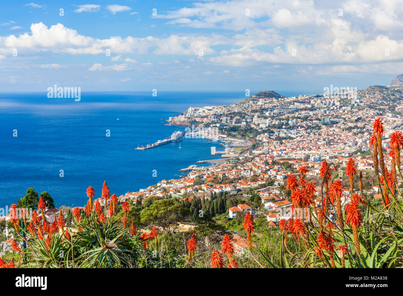 Madeira Portugal Madeira Blick auf Funchal, der Hauptstadt von Madeira über die Bucht und Hafen Altstadt Funchal Madeira Portugal Europa suchen Stockfoto