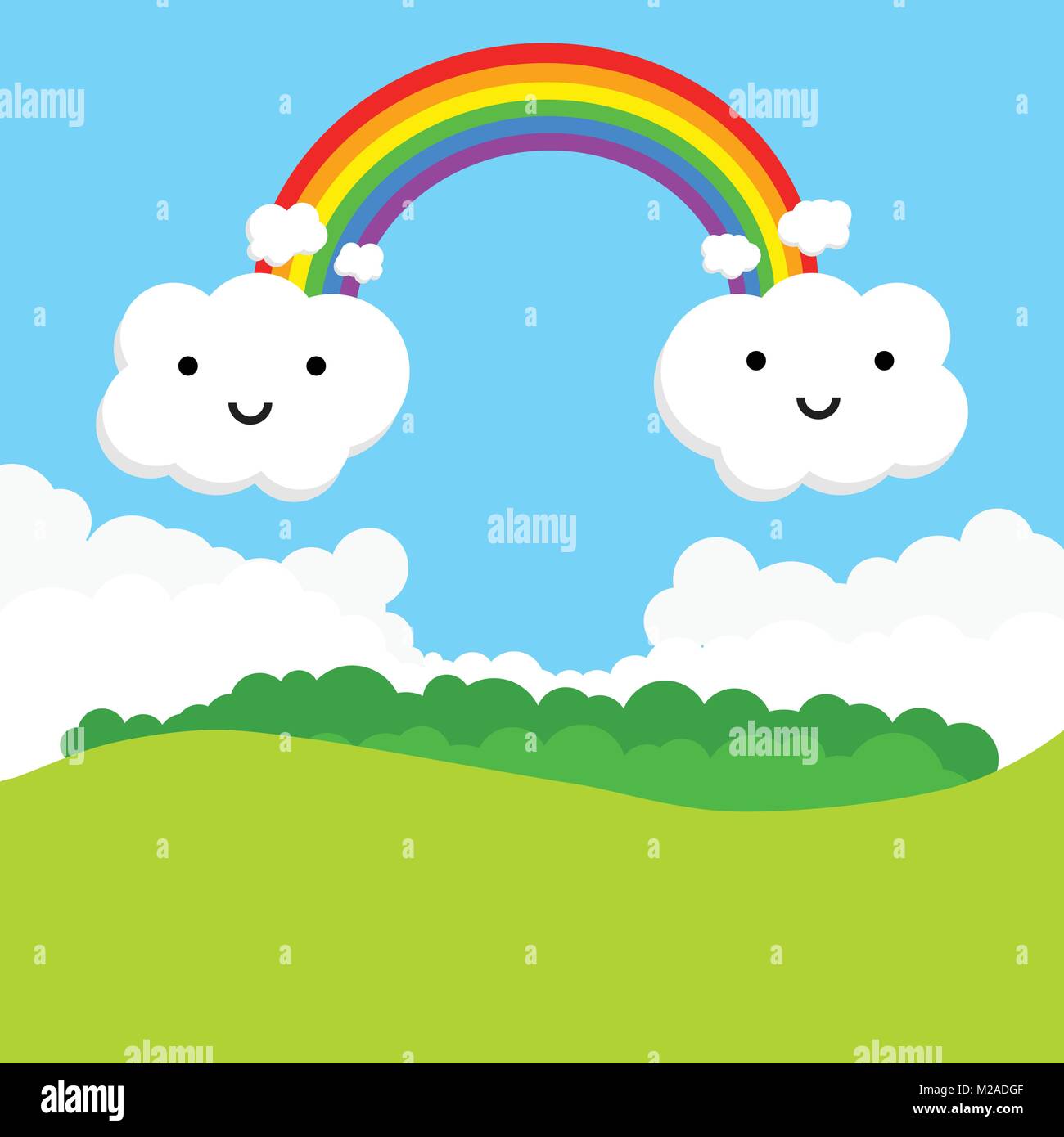 Landschaft mit Regenbogen und witzig Wolken. Vector Illustration Stock Vektor