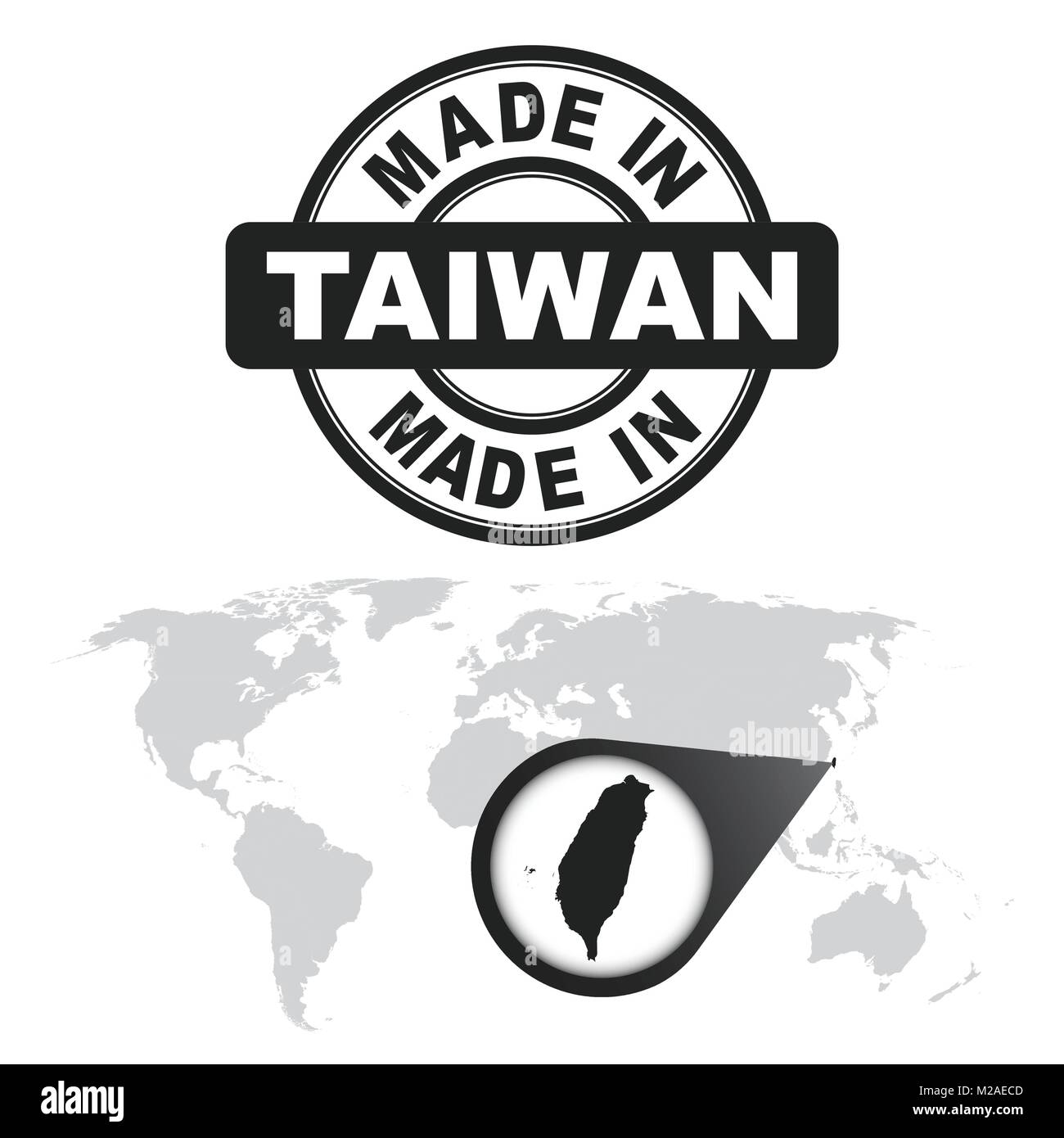 In Taiwan Stempel gemacht. Welt Karte mit Zoom auf Land. Vektor Emblem im flachen Stil auf weißem Hintergrund. Stock Vektor